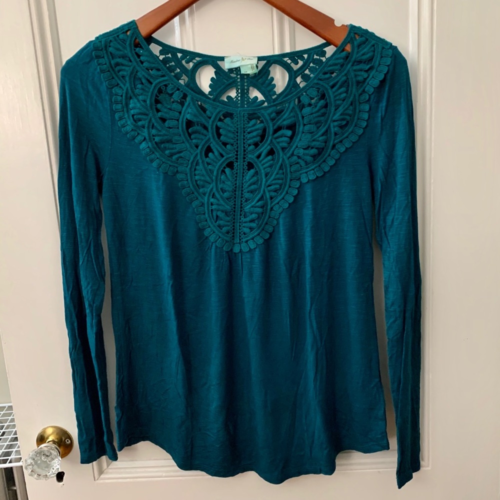 Anthropologie Teal Embroidered Long Sleeve Shirt